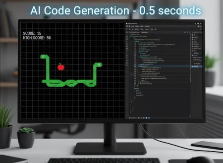 Capture d'écran d'un jeu Snake basique sur un écran d'ordinateur, illustrant la simplicité et la rapidité de la création de code par l'IA.