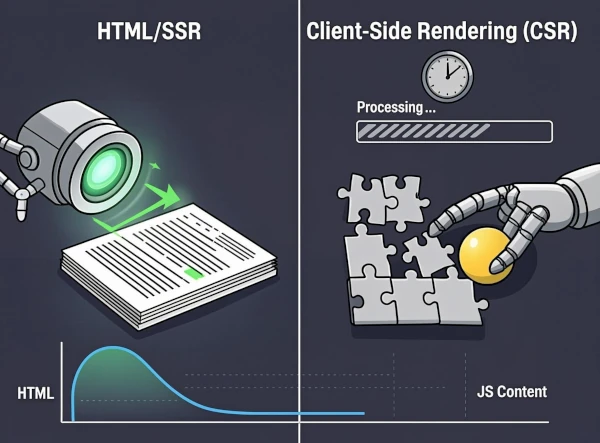 Comparaison visuelle entre le rendu HTML statique et le rendu JavaScript côté client et son impact sur Googlebot
