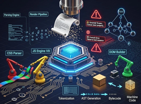 Schéma détaillé montrant les étapes de traitement d'une URL : découverte, téléchargement, parsing DOM, exécution JS et indexation